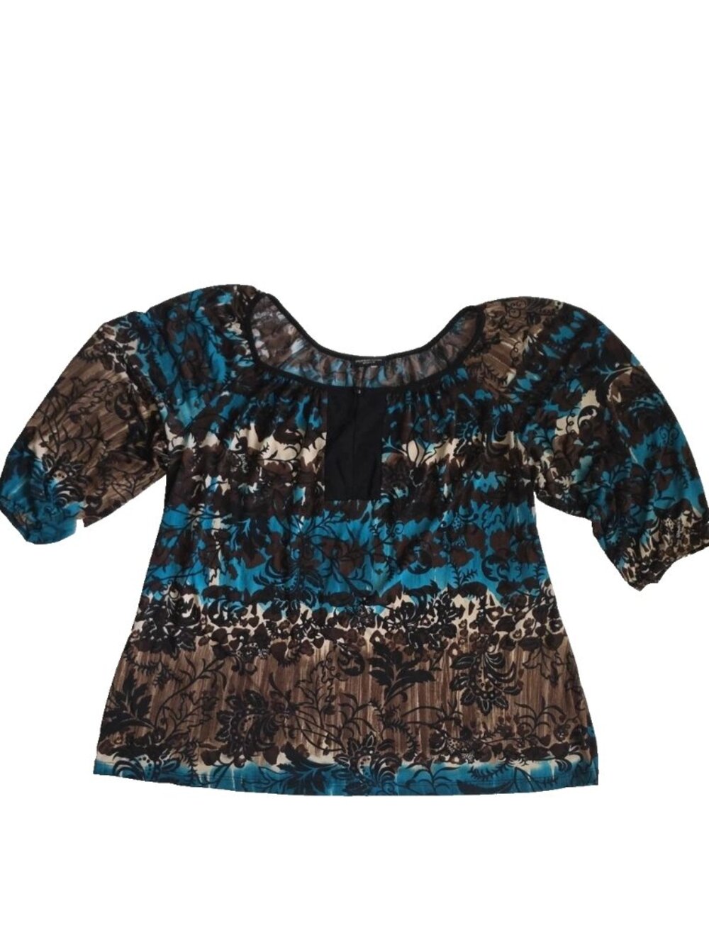 Perseption Teal, Brown and Cream Floral Scoop-Neck Tunic